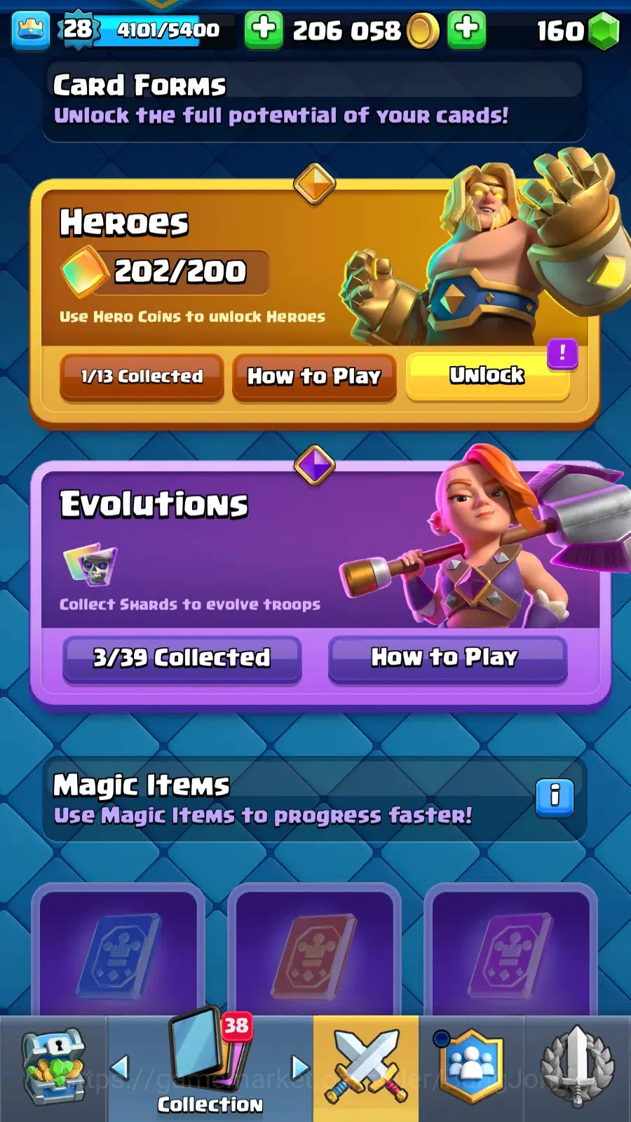 Clash Royale Accounts Midgame Lv 28 |KTL 10|Trophy 7000|Card 109|1 L13 Card (Giant)|1 L12 Card (Mortar)|2 Hero|3 EVO|160 17