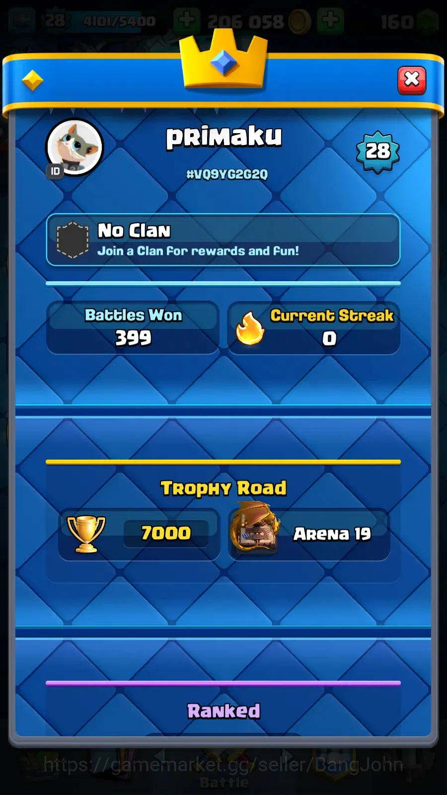 Clash Royale Accounts Midgame Lv 28 |KTL 10|Trophy 7000|Card 109|1 L13 Card (Giant)|1 L12 Card (Mortar)|2 Hero|3 EVO|160 20