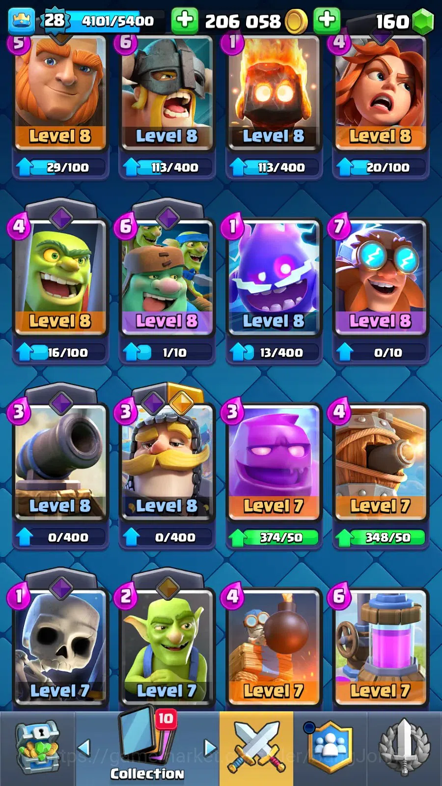 Clash Royale Accounts Midgame Lv 28 |KTL 10|Trophy 7000|Card 109|1 L13 Card (Giant)|1 L12 Card (Mortar)|2 Hero|3 EVO|160 4