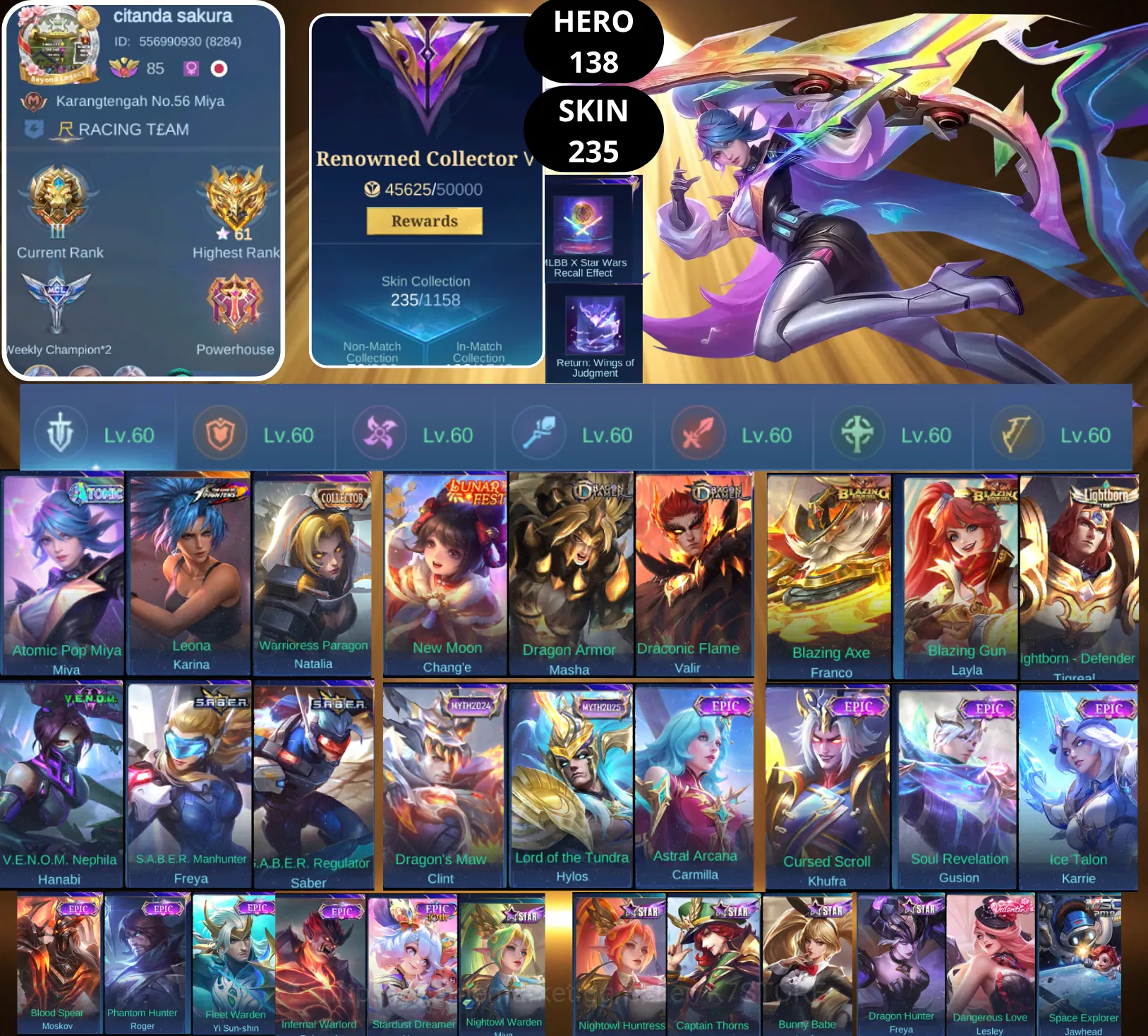 Mobile Legends: Bang Bang Accounts Smurf BEST OFFER | HERO 138 | SKIN 235 | MIYA ATOMIC POP | KARINA KOF | NATALIA COLLECTOR 1