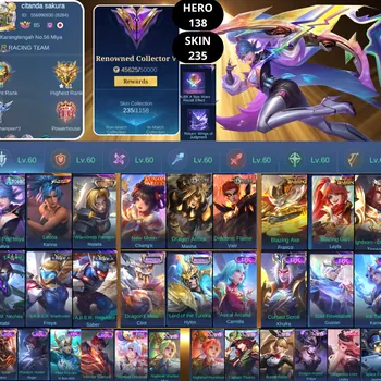 Mobile Legends: Bang Bang Accounts Smurf BEST OFFER | HERO 138 | SKIN 235 | MIYA ATOMIC POP | KARINA KOF | NATALIA COLLECTOR