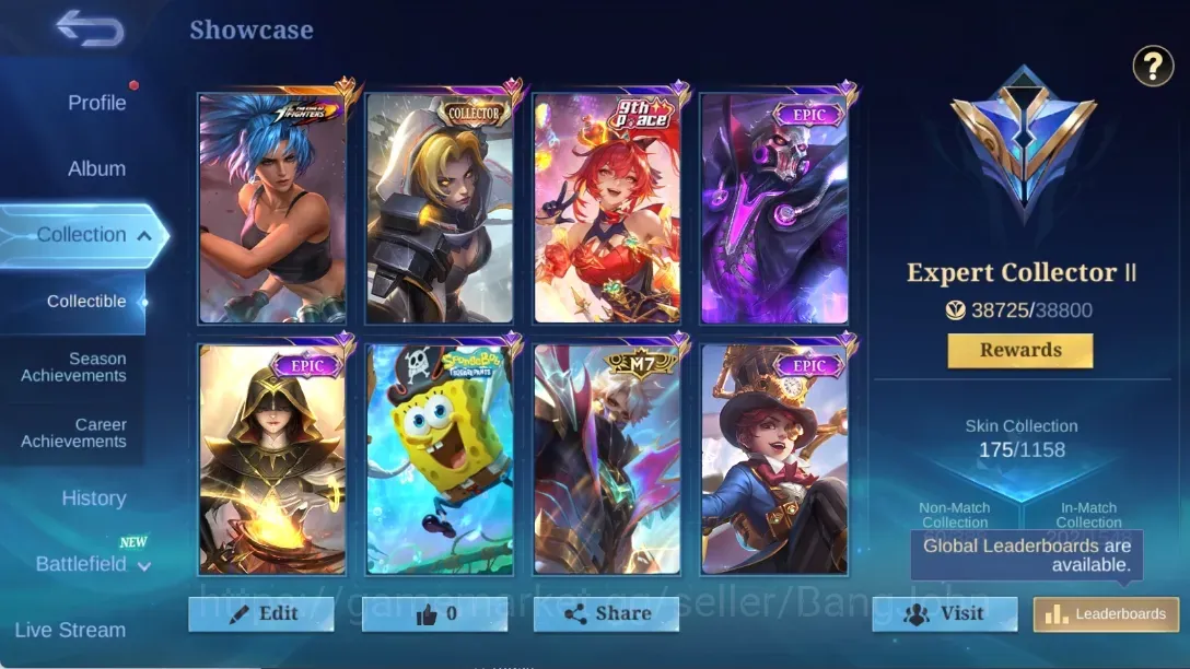 Mobile Legends: Bang Bang Accounts Collector Global|120H 175S|Expert|KOF Karina|Collector Natalia|P.ace Fanny|Epic 1