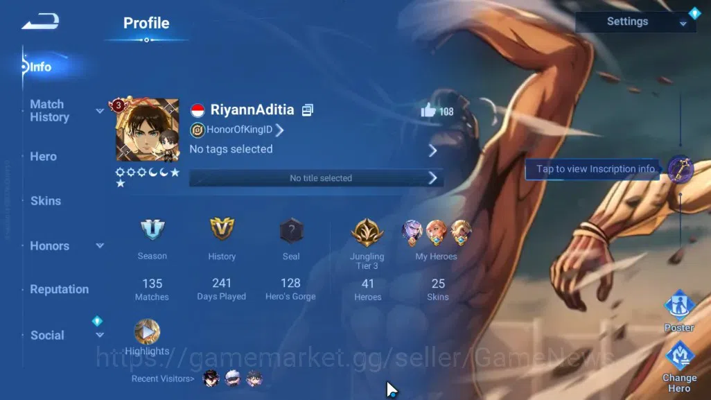 Honor of Kings Accounts Hero 41 Skin 25|3 Collab AOT Eren,Annie,Heino,4 Ep image 2