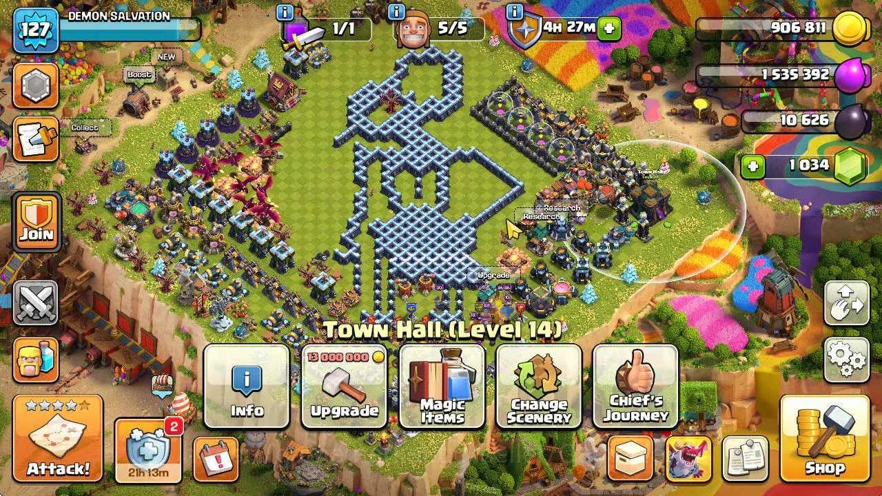 TH 14 - BH 9|Limited Skin|LV 127|HH 7|BK 67,AQ 70,GW 50,MP 49,RC 25 +1K Gem|CN OFF|Protect OFF|TAKE MAIL(COC2064) Clash of Clans Mid-Tier TH 14 - BH 9|Limited Skin|LV 127|HH 7|BK 67,AQ 70, image 1