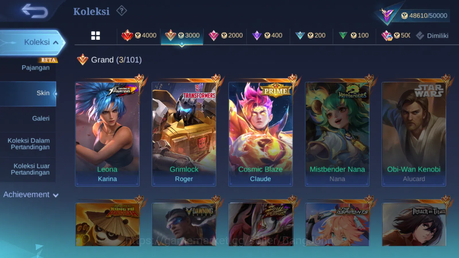 Mobile Legends: Bang Bang Accounts Others Hero 107 | skin 186 | kof karina | transformers roger | prime claude | cc natalia 10