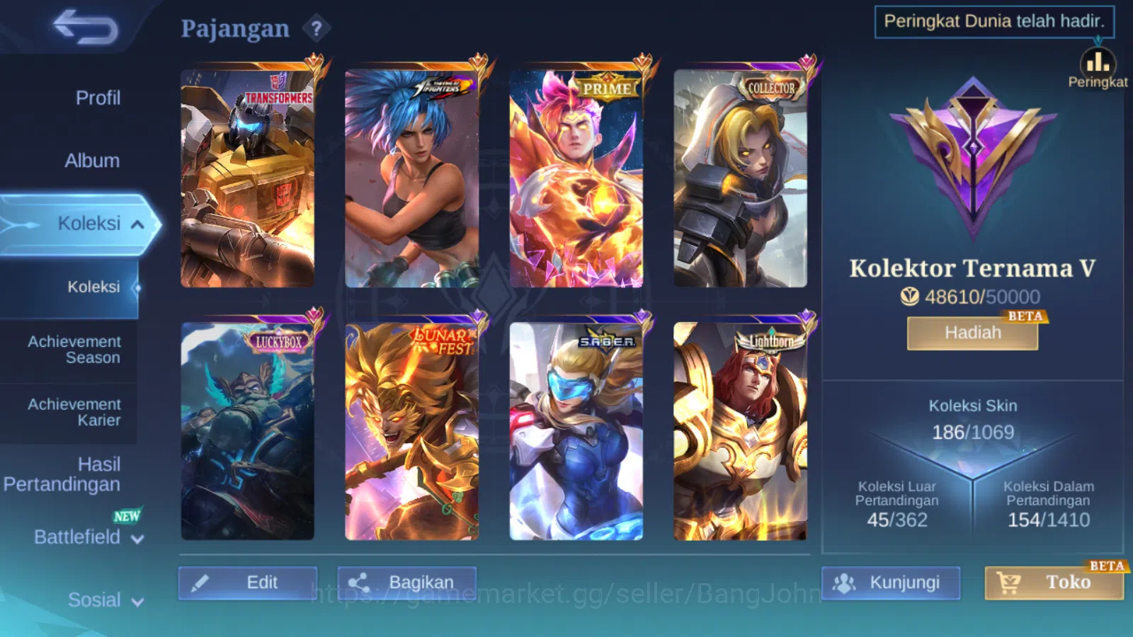 Mobile Legends: Bang Bang Accounts Others Hero 107 | skin 186 | kof karina | transformers roger | prime claude | cc natalia 2