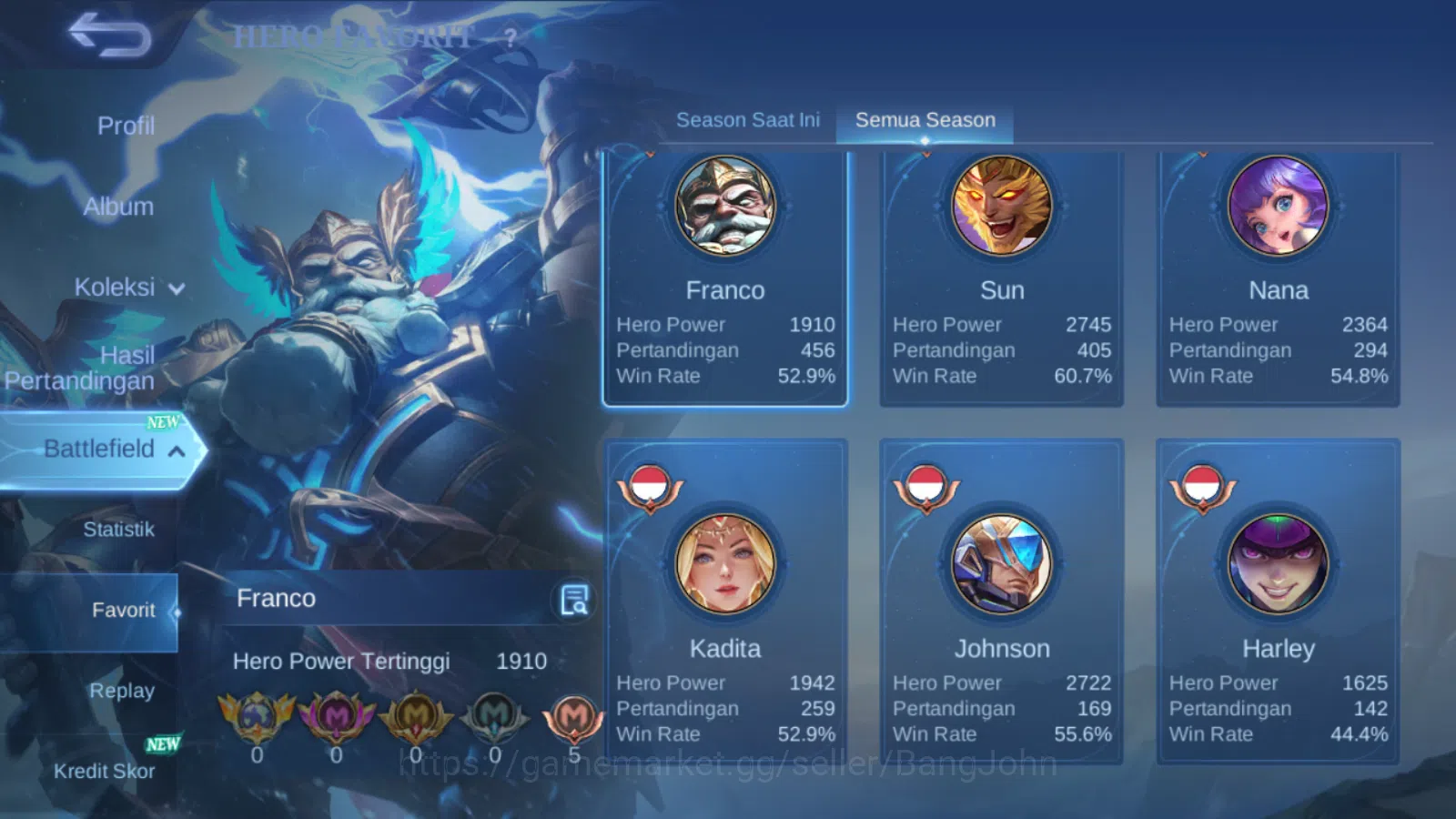 Mobile Legends: Bang Bang Accounts Others Hero 107 | skin 186 | kof karina | transformers roger | prime claude | cc natalia 4