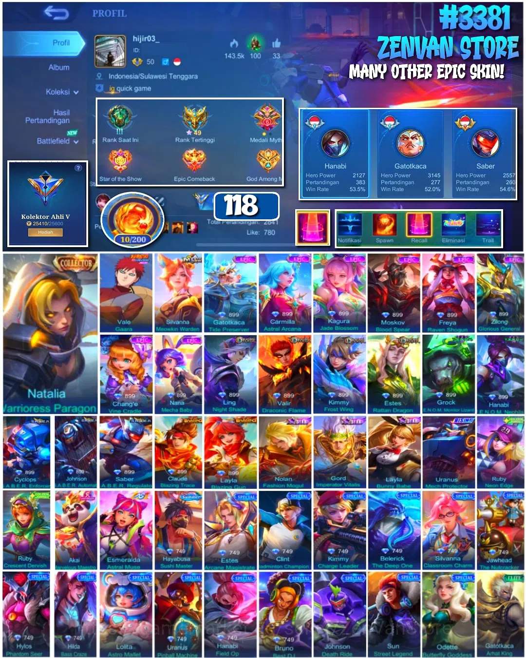 Mobile Legends: Bang Bang Accounts #3381 118 Skins | Collector Natalia | Gusion (Rare image 1