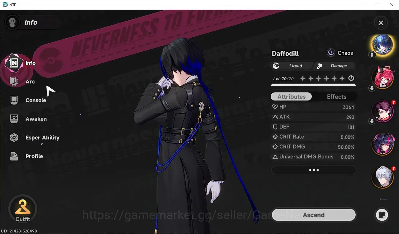 Neverness to Everness Accounts Global SEA|HL 9|TL 2|14 S.Dice|4 SSR [Shinku+Outfit,Nanally],Daffodill,Fadia|2 5