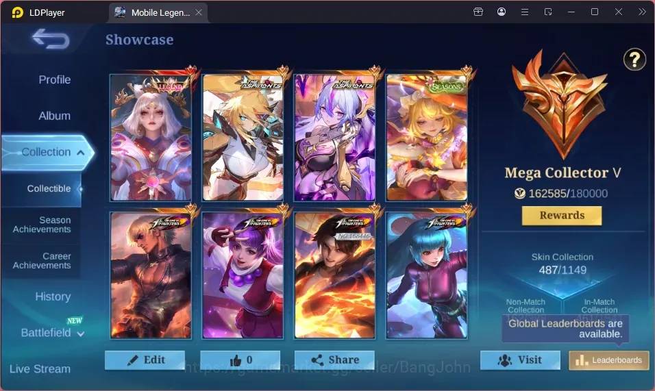 Mobile Legends: Bang Bang Accounts Collector Global|Skin487|Mega|Legend Lunox|3 ASP,5 KOF|Prime 1