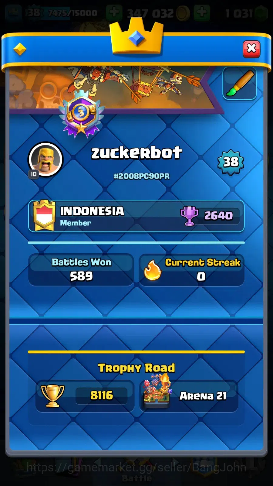 Clash Royale Accounts High-End Lv 38|KTL 12|Trophy 8116|3 hero|10 evo|8 Champ|21 Legend,33 Epic,30 Rare,29 Commons|1031 12