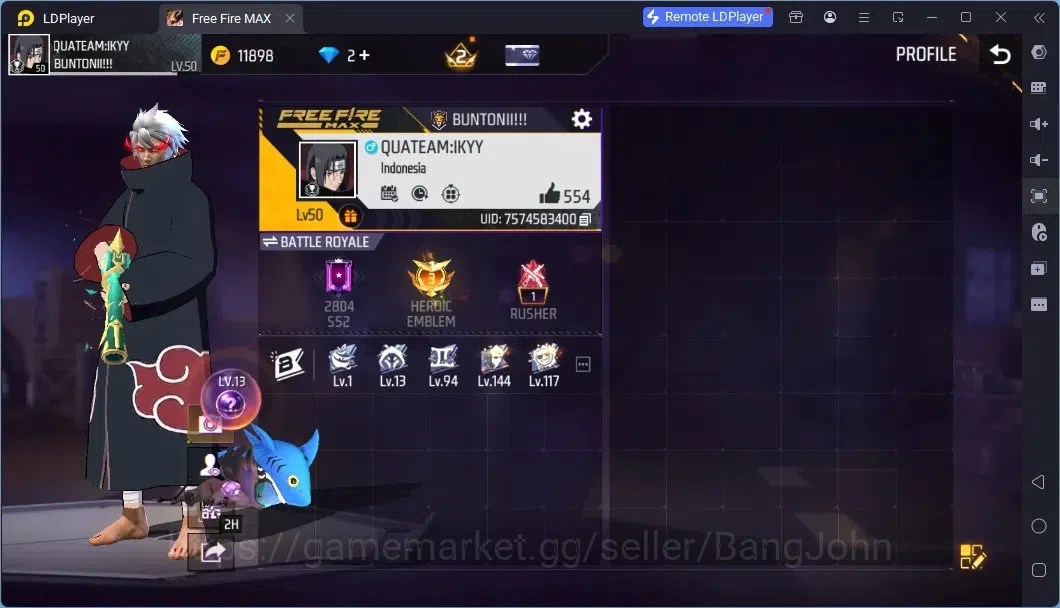 Free Fire Accounts Indonesia | Evo: AK47 Blue Flame Draco Lv.5| M1887-Emerald Power| BackPack Electrify Bunny | Naruto 1