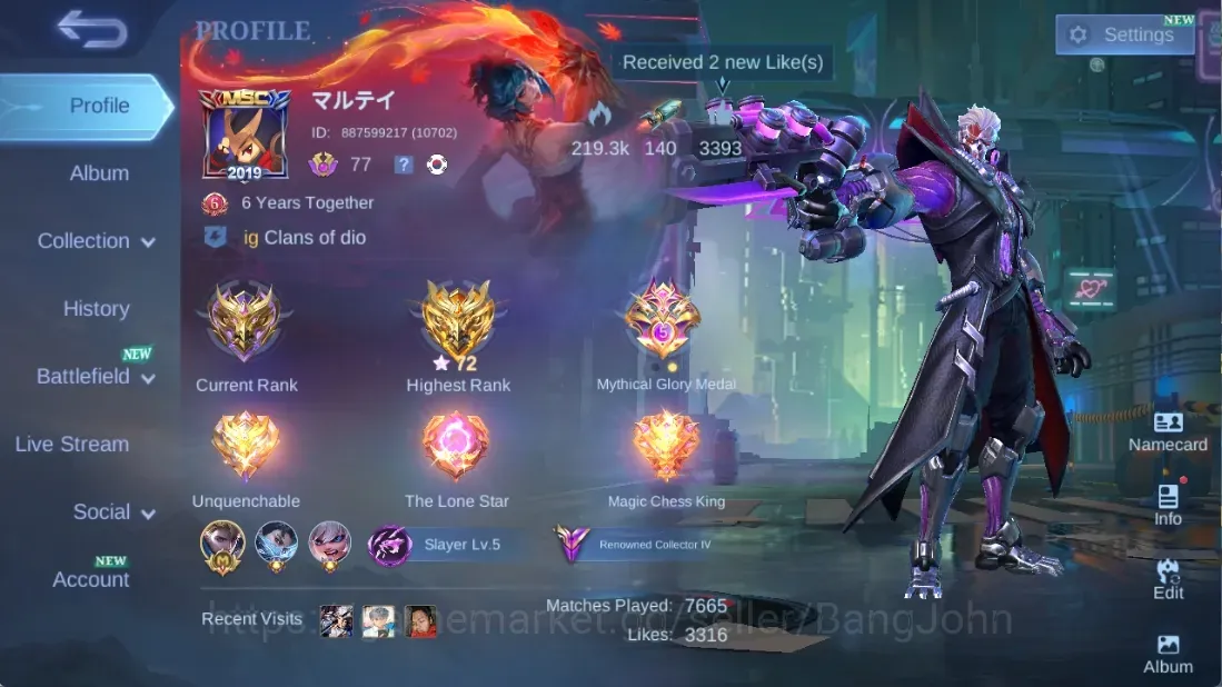 Mobile Legends: Bang Bang Accounts Collector Global|239S|Renowned|LightBorn Alucard Granger,KOF Natalia,CC Natalia,Epic 1