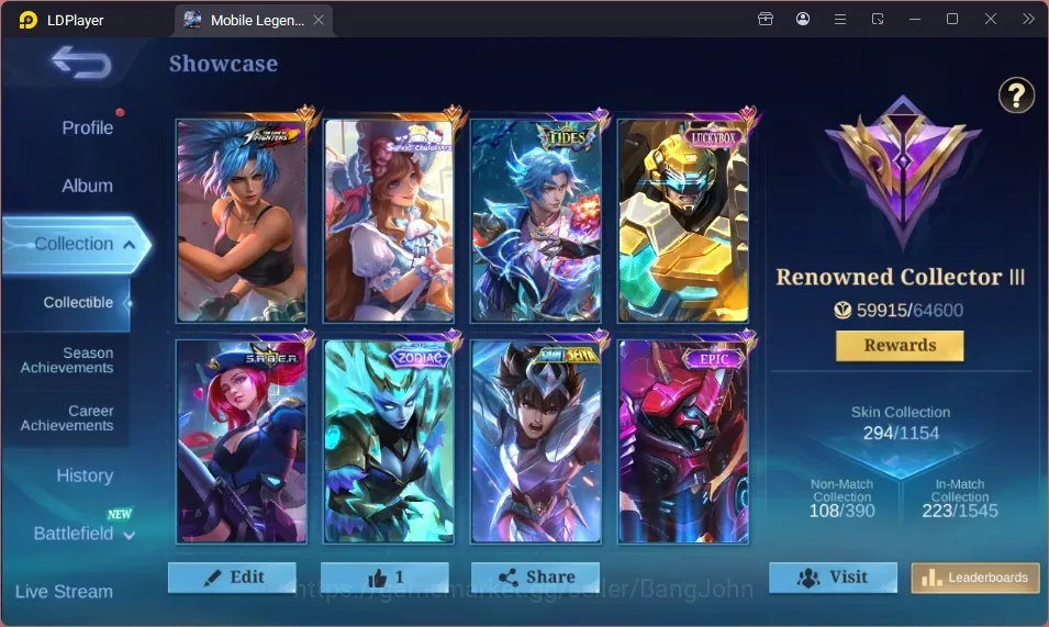 Mobile Legends: Bang Bang Accounts Collector Global|294S|Renowned|KOF Karina,Sanrio Floryn,LBX Johnson,SABER 1