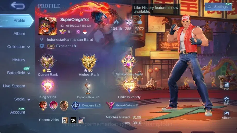 Mobile Legends: Bang Bang Accounts Others Global|Skin 316|Exalted|Legend Franco,Sanrio Claude+Floryn,KOF 1