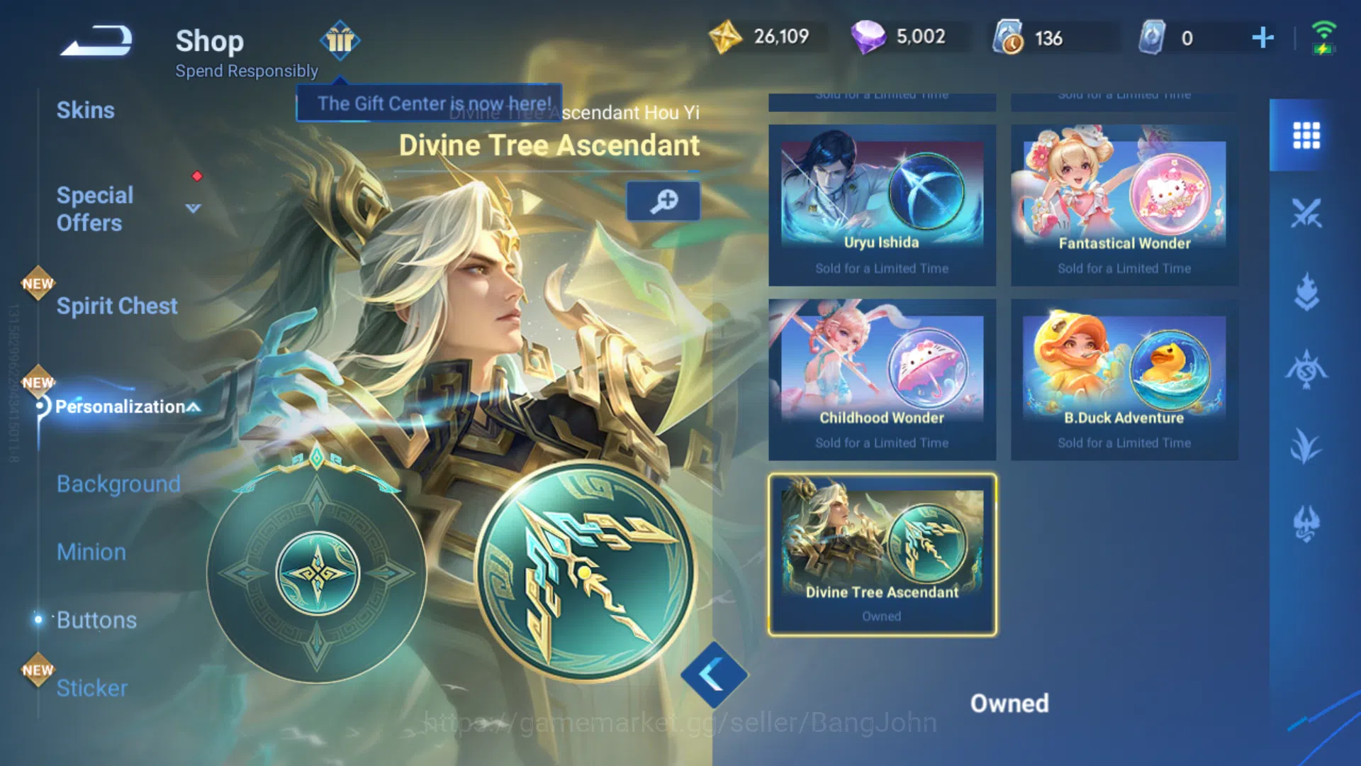 Honor of Kings Accounts Others Global | Hero 109 | Skin 87 | Tiger Pei | Legend Zhuangzi | Sanxingdui Hou Yi+Button 10