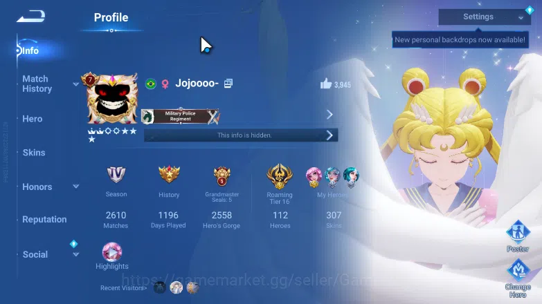 Honor of Kings Accounts Hero112|Skin307|NOBILITY 7|2 HonorCrystal|Flawless image 2
