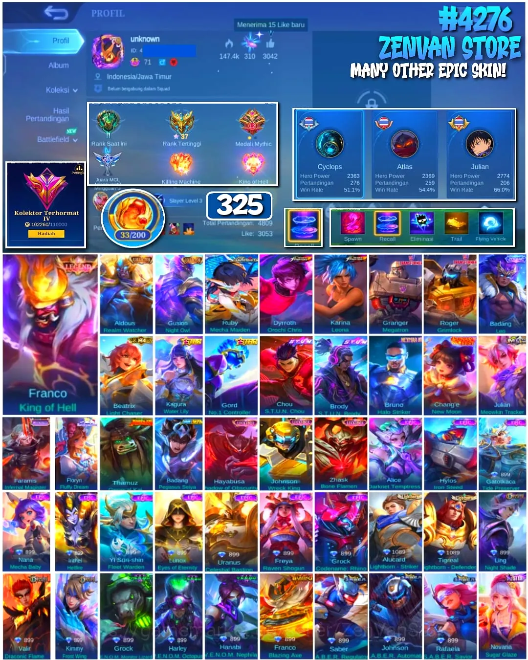 Mobile Legends: Bang Bang Accounts #4276 325 Skins | Franco King of Hell (LEGEND) | Aldous Realm Watcher (COLLECTOR 1