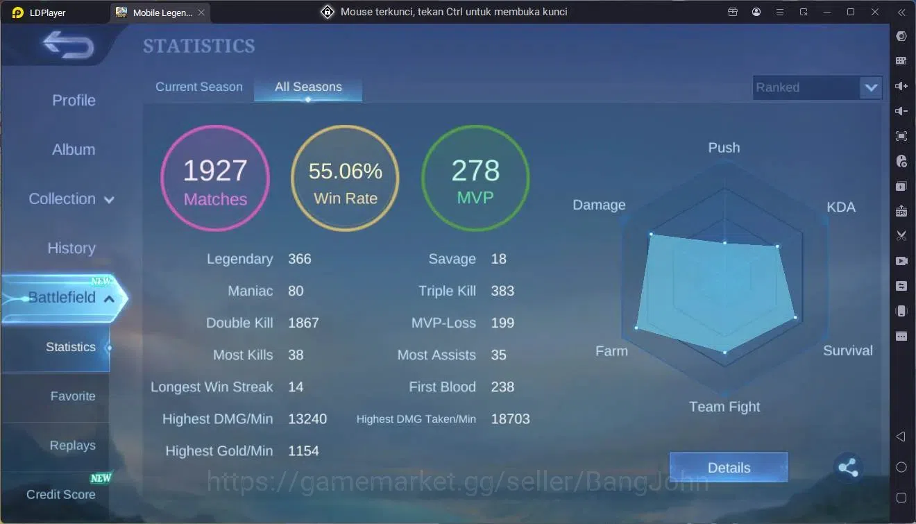 Mobile Legends: Bang Bang Accounts GlobalHero 92|Skin 132|Legend Lesley|CC Natalia|Sp image 20