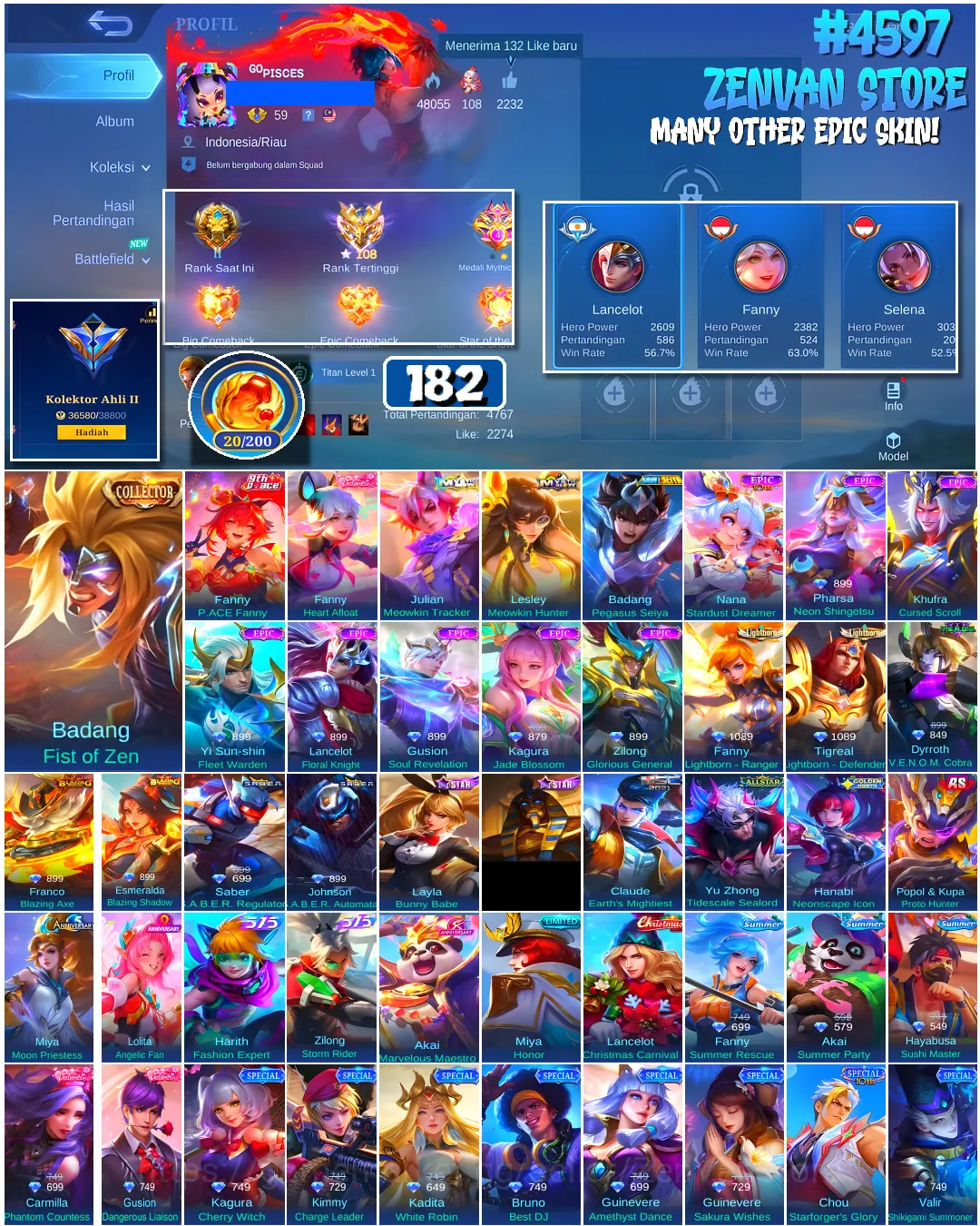 Mobile Legends: Bang Bang Accounts #4597 182 Skins | Badang Pegasus Seiya (SAINT SEIYA) | Badang Fist of Zen (COLLECTOR 1