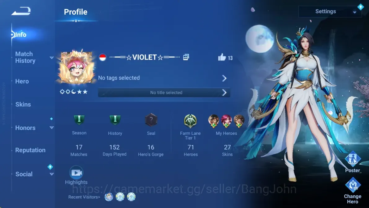 Honor of Kings Accounts Rare Skin Global|71H 27S|Legend:Consort Yu&Angela|DanDaDan:Daji|3 EventExclusive:Daji,Umbrosa,Di 1
