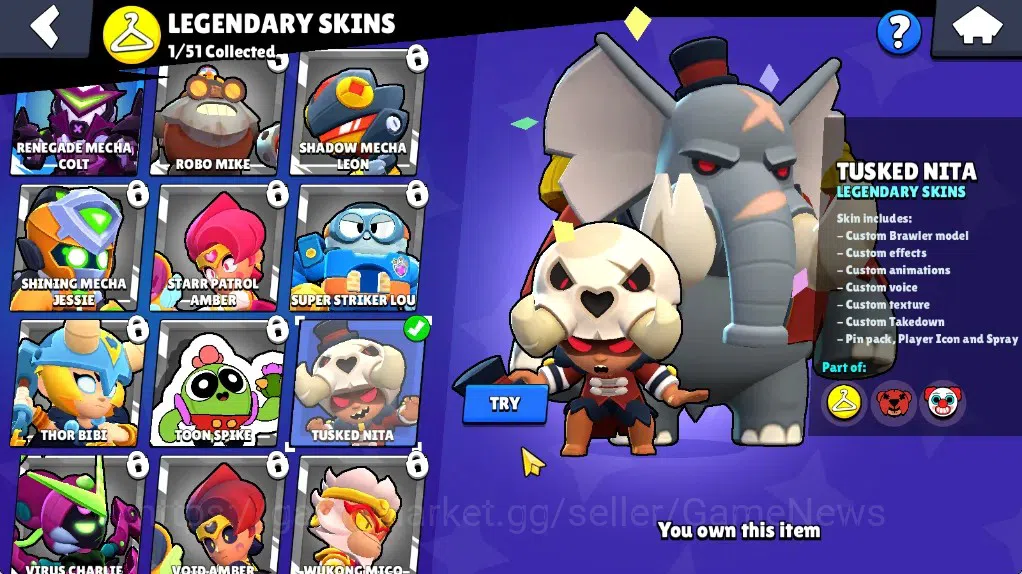 Brawl Stars Accounts 1018 Trophy|18 Brawlers 2 Max (Pierce,Edgar)|10k Bling 6k PP|1 Legendary (Tusked Nita),4 Mythic,2 10