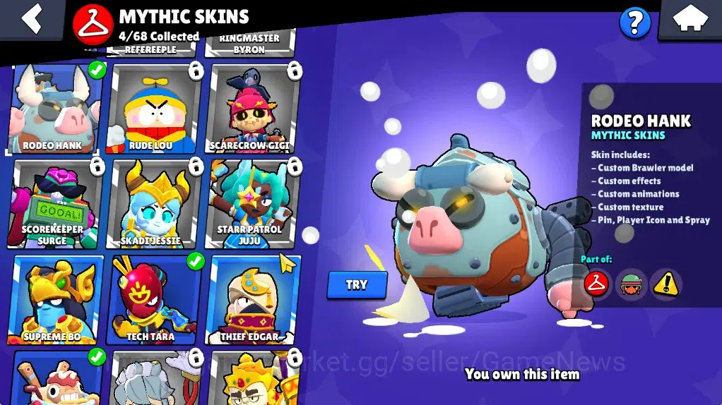 Brawl Stars Accounts 1018 Trophy|18 Brawlers 2 Max (Pierce,Edgar)|10k Bling 6k PP|1 Legendary (Tusked Nita),4 Mythic,2 12