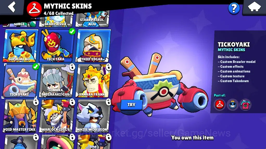 Brawl Stars Accounts 1018 Trophy|18 Brawlers 2 Max (Pierce,Edgar)|10k Bling 6k PP|1 Legendary (Tusked Nita),4 Mythic,2 14
