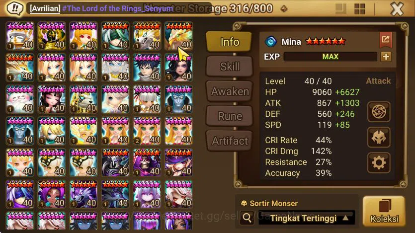 Summoners War: Sky Arena Accounts End-Game ASIA + SUPER GACHA 2 DL(Eleanor+nigong)|100+ Nat5|Many Skin&Aura|77 LD Scroll 12