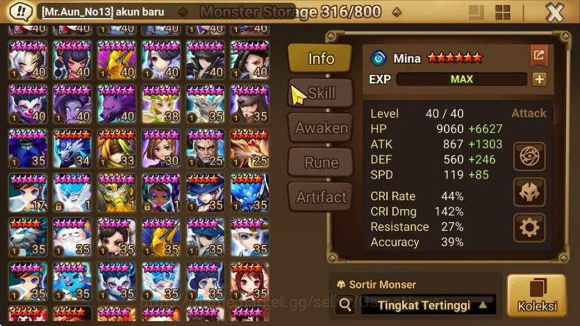 Summoners War: Sky Arena Accounts End-Game ASIA + SUPER GACHA 2 DL(Eleanor+nigong)|100+ Nat5|Many Skin&Aura|77 LD Scroll 13