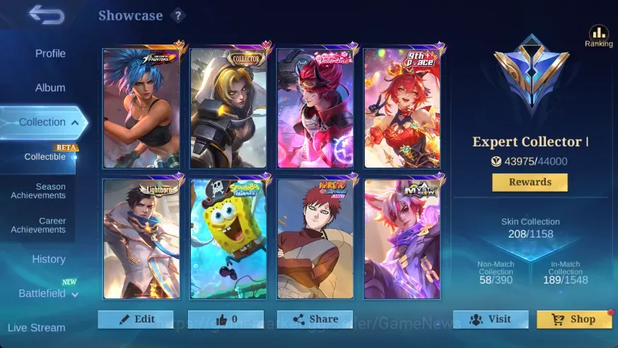 Mobile Legends: Bang Bang Accounts Collector Hero 123|Skin 208|Ex Glory 68|Emblem MAX|KOF Karina,CC Natalia,Valentine 1