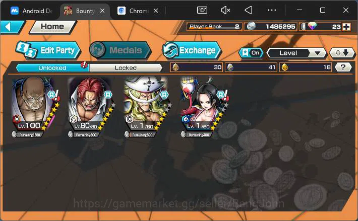 One Piece Bounty Rush Accounts Others GLOBAL|EX 3|PR 2|T5E St.Nusjuro,Divine Shank,Great Edward Newgate,etc|Log Bandai|Check 3