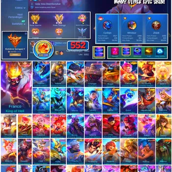 Mobile Legends: Bang Bang Accounts #4255 552 Skins | Franco King of Hell (Legend) | Gusion Cosmic Gleam (Legend) | Natalia