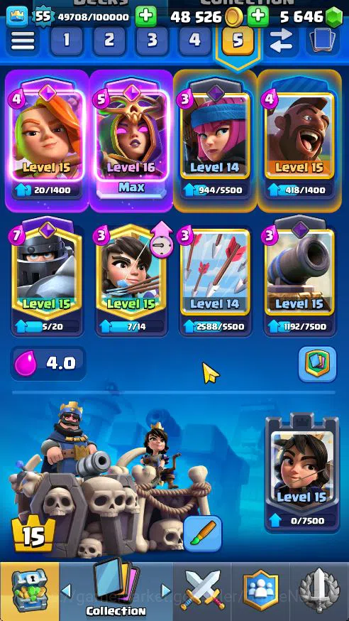 Clash Royale Accounts Midgame Lv 55|Trophy 10500|KTL 15|Limited Skin|Card 121| 1 Hero 14 EVO 8 Champ 21 Legendary 33 Epic 30 3
