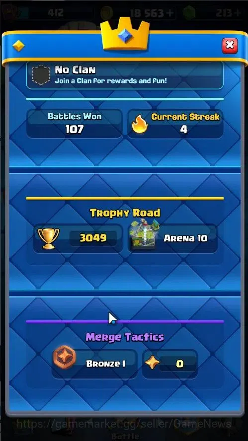 Clash Royale Accounts High-End Lv 412|KTL 10|Trophy 3049|Card 50/121|1 Hero,3 EVO|2 MAX 10 Epic,17 Rare,21 Common|Gems 3