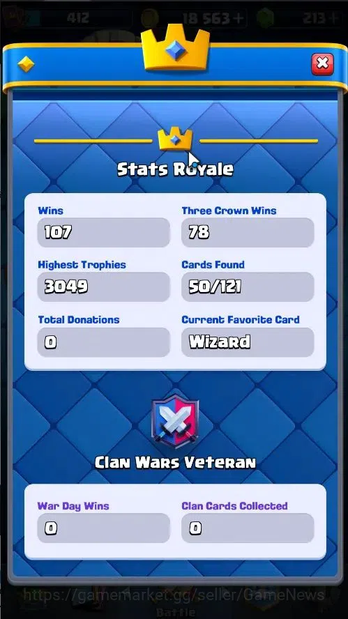Clash Royale Accounts High-End Lv 412|KTL 10|Trophy 3049|Card 50/121|1 Hero,3 EVO|2 MAX 10 Epic,17 Rare,21 Common|Gems 6