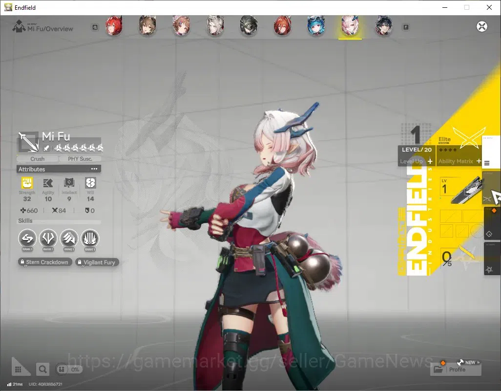 Arknights: Endfield Accounts ASIA|Lv 57|8 SSR (4 Limited) + 12 (*6 Weapon)|[Fangyi P1,Laevatain]+Sign,MiFu,Gilberta|12k 5