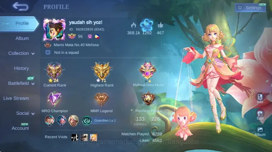 Mobile Legends: Bang Bang Accounts Collector Global|Skin 226|Renowned|KOF Karina,Collector Angela,PACE Fanny,S.A.B.E.R 1