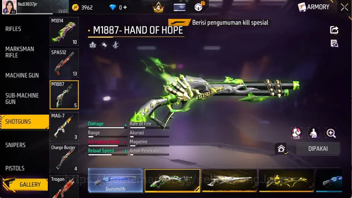 Free Fire Accounts Indonesia | 5 M1887 Skins: Hand Of Hope,Etc| 3 EVO (M1014 Lv6, XM8 Lv4)|2 Bunny Backpack | Naruto 1