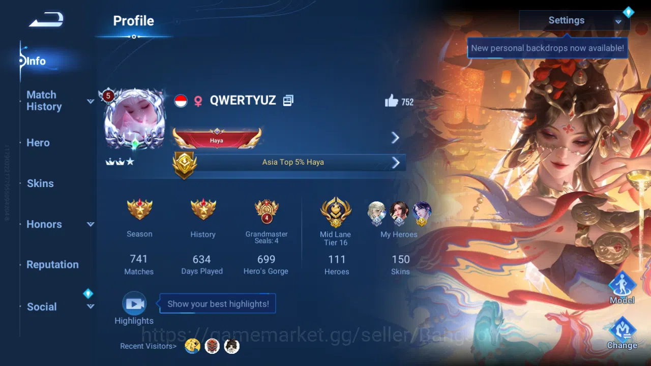 Honor of Kings Accounts Hero 111|Skin 150|Conan Marco|LNY26 DiaoChan|Sanxi image 1