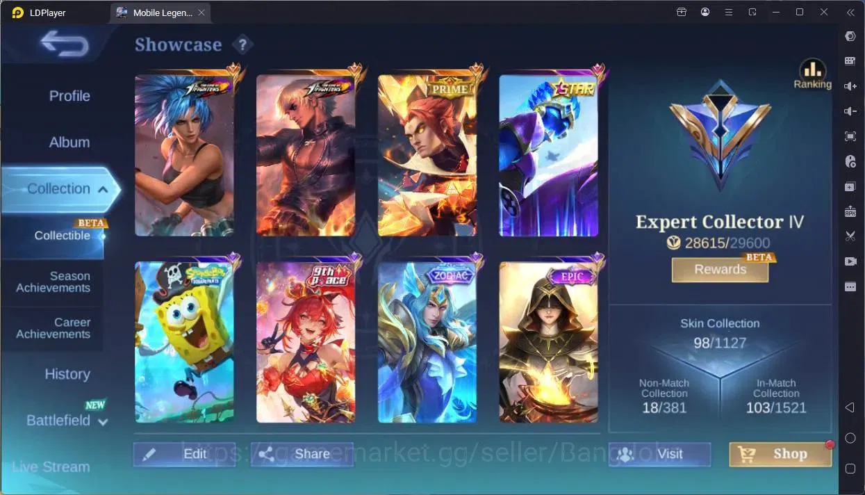 Mobile Legends: Bang Bang Accounts Collector Global|Hero 58|Skin 98|Expert|KOF Karina,GS|Prime YZ|5-STAR Gord|Spongebob 2