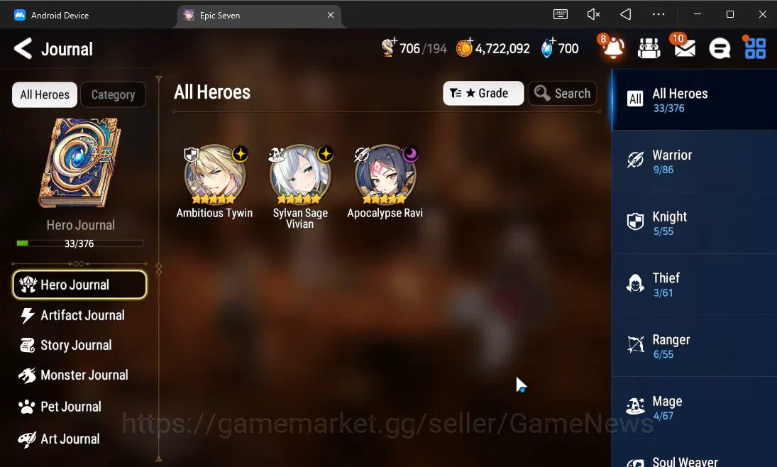 Epic Seven Accounts Starter GLOBAL UnVerif|Starter|3 ML(Ambitious Tywin,Slyvan Sage Vivian,Apocalpyse Ravi)|Poh+Bless 3