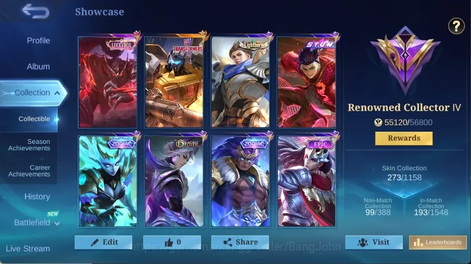 Mobile Legends: Bang Bang Accounts Collector Global|273 Skin|Renowned|LuckyBox Hayabusa,STUN Chou,Zodiac Selena 1