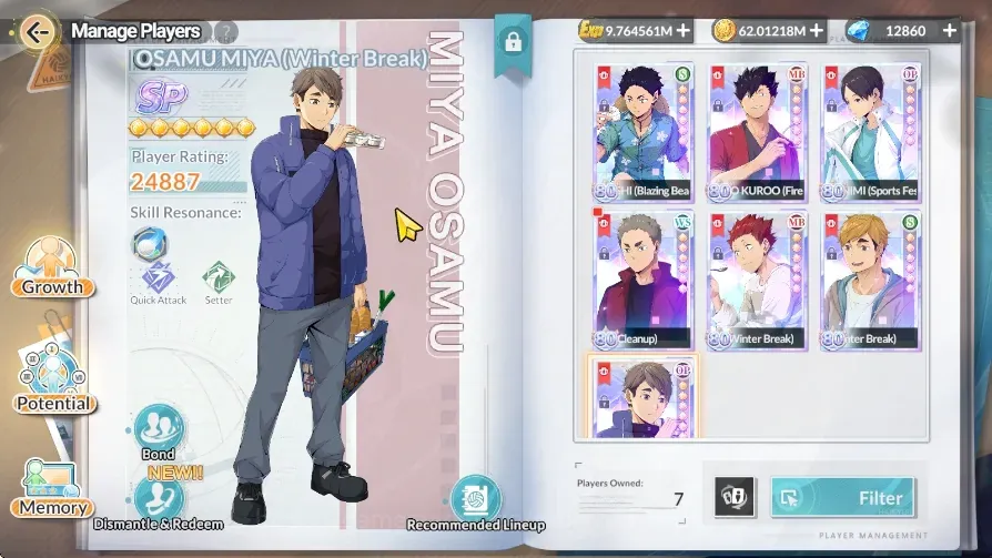 HAIKYU!! FLY HIGH Accounts SEA|Lvl 56|12K DM|7 SP (Akira Kunimi R2+M2,Osamu R2,Tendo,Kuroo,Akaashi+M2,Atsumu)+Memo,Ginjima|1 1