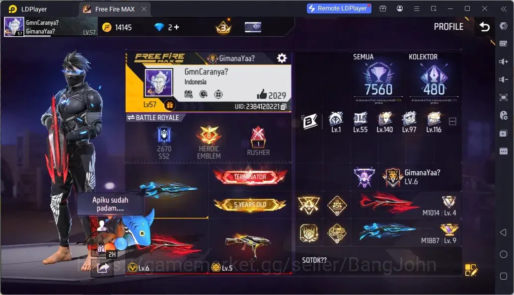 Free Fire Accounts Indonesia | 2 EVO (UMP Lv5, M1014 Lv6)| M1887- Aqua Burst| 2 Bunny Backpack | Naruto Bundle:Jiraiya 1