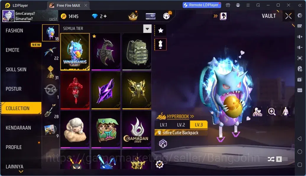 Free Fire Accounts Indonesia | 2 EVO (UMP Lv5, M1014 Lv6)| M1887- Aqua Burst| 2 Bunny Backpack | Naruto Bundle:Jiraiya 14