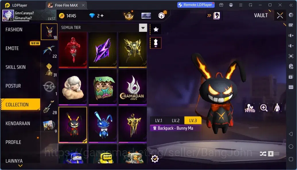 Free Fire Accounts Indonesia | 2 EVO (UMP Lv5, M1014 Lv6)| M1887- Aqua Burst| 2 Bunny Backpack | Naruto Bundle:Jiraiya 15