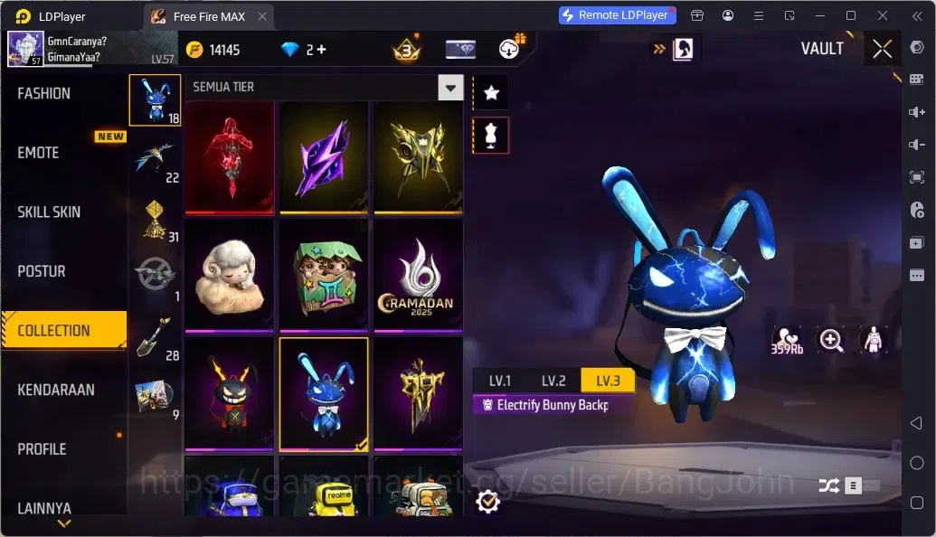 Free Fire Accounts Indonesia | 2 EVO (UMP Lv5, M1014 Lv6)| M1887- Aqua Burst| 2 Bunny Backpack | Naruto Bundle:Jiraiya 16