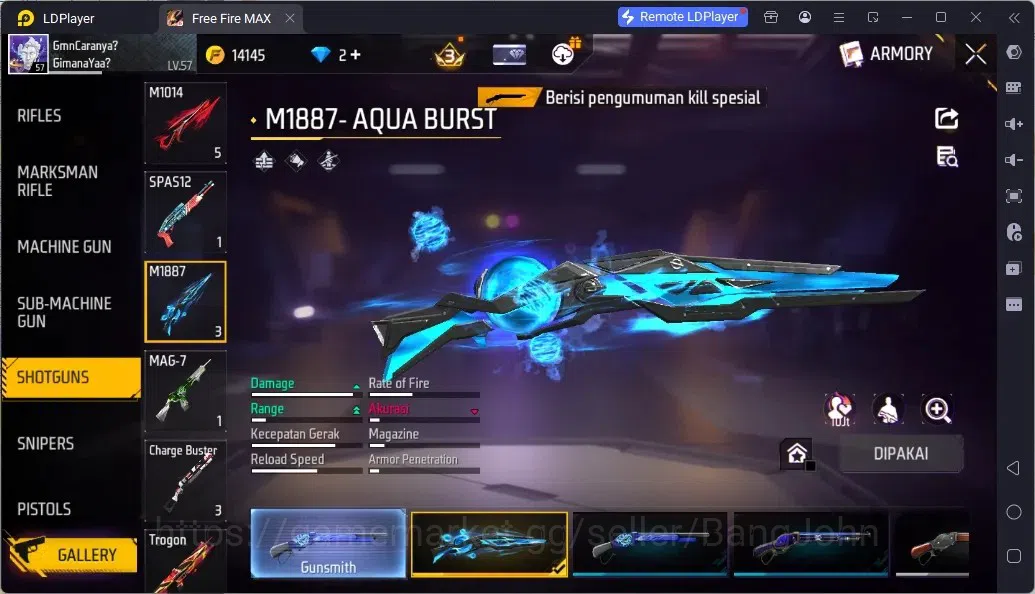 Free Fire Accounts Indonesia | 2 EVO (UMP Lv5, M1014 Lv6)| M1887- Aqua Burst| 2 Bunny Backpack | Naruto Bundle:Jiraiya 2