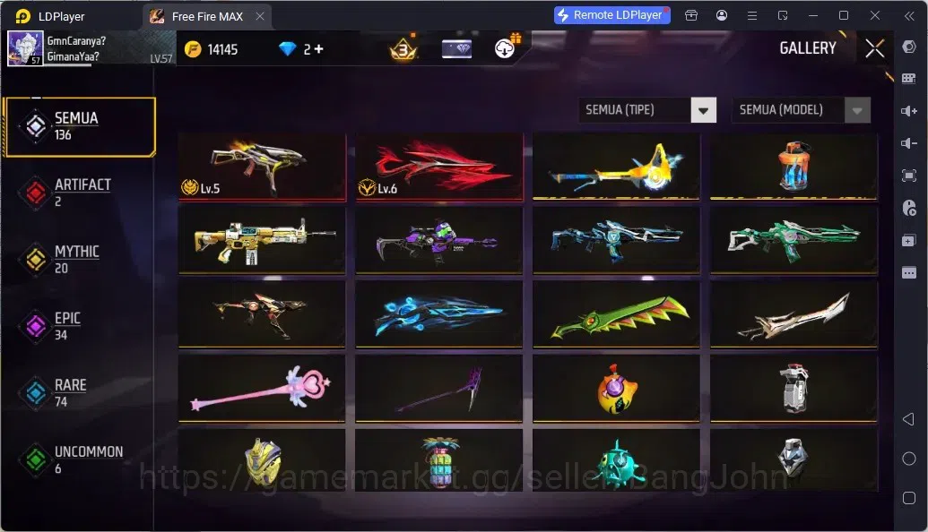 Free Fire Accounts Indonesia | 2 EVO (UMP Lv5, M1014 Lv6)| M1887- Aqua Burst| 2 Bunny Backpack | Naruto Bundle:Jiraiya 3